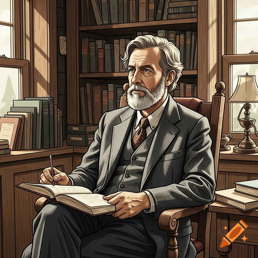 Illustration of a gray-haired man with a beard, wearing a suit, sitting in a chair, writing in a book in a wood-paneled study with bookshelves.