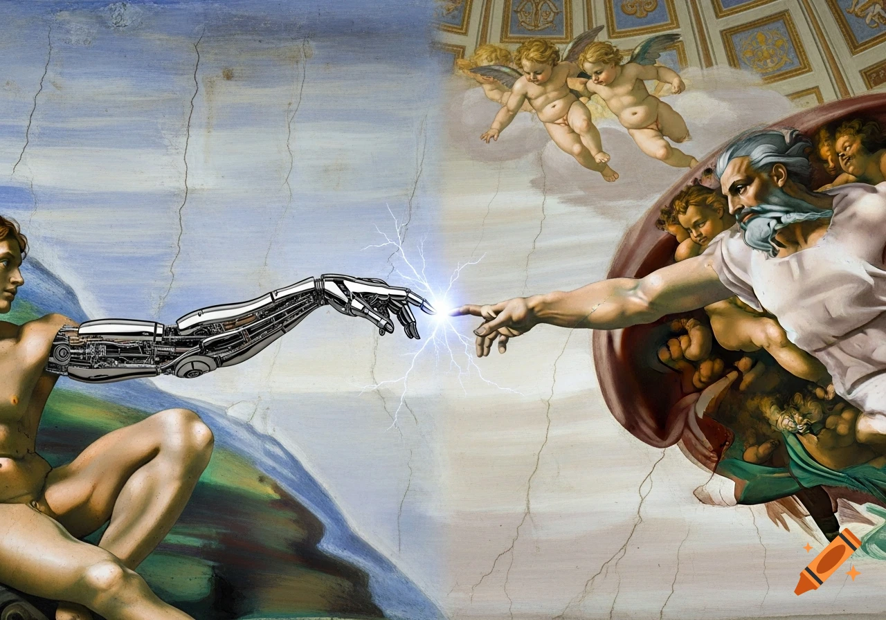 A reimagined classical fresco in 'The Creation of Adam' style, showing Adam's robotic arm touching God's finger with an electric spark.