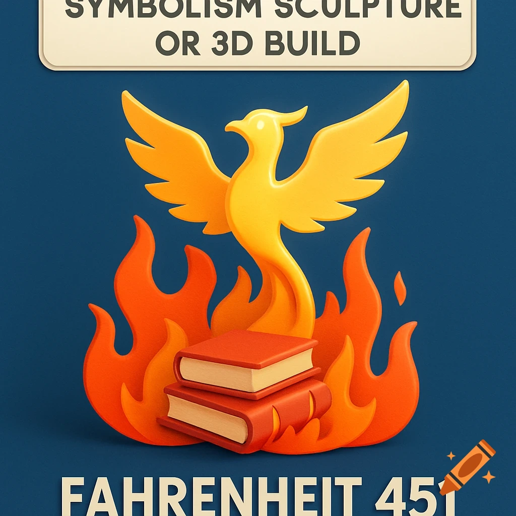 A stylized golden phoenix rises from flames with two red books, against a deep blue background. Text reads 'SYMBOLISM SCULPTURE OR 3D BUILD' and 'FAHRENHEIT 451'.