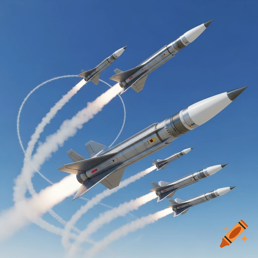 Multiple grey missiles with white noses and red/yellow markings ascend into a clear blue sky, leaving white smoke trails.