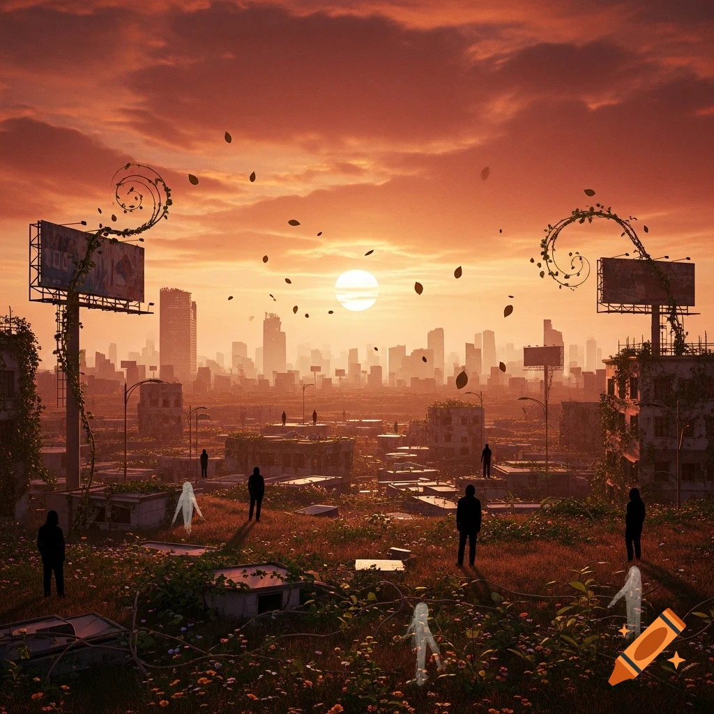 An overgrown, abandoned city at sunset with a red sky, featuring silhouetted figures and glowing spectral forms amidst decaying buildings and lush vegetation.