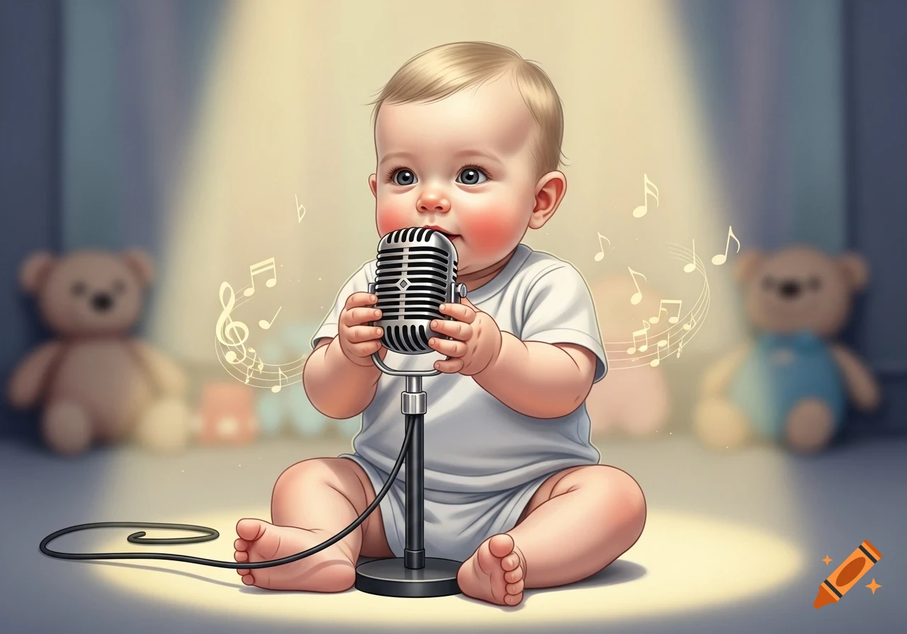 A cute baby sits cross-legged, holding a vintage microphone under a spotlight, with musical notes and blurry teddy bears.