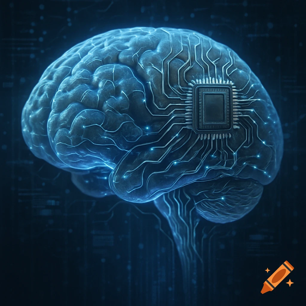 A glowing blue digital illustration of a human brain with an integrated computer chip and circuitry.