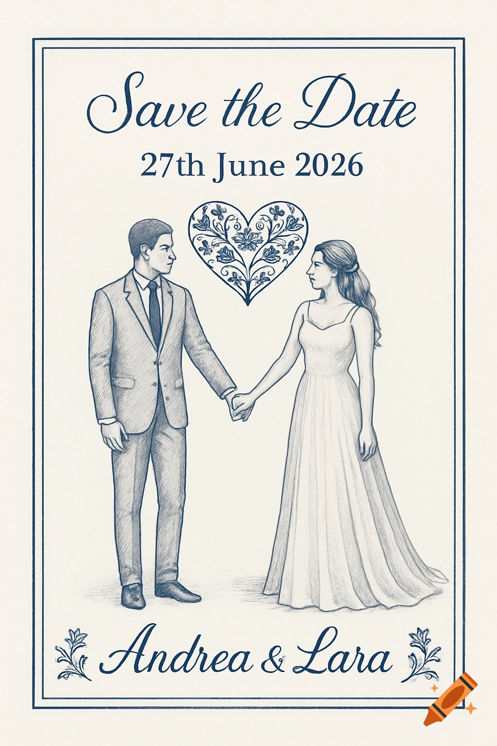 Pencil sketch wedding 'Save the Date' card with a groom and bride holding hands, a decorative heart, and text.