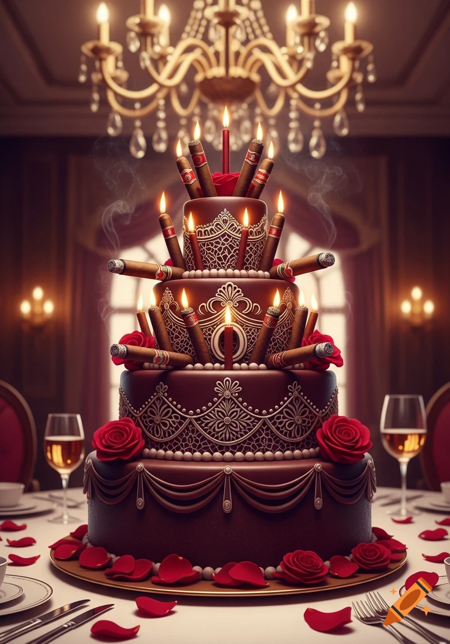 A decadent three-tier chocolate birthday cake decorated with lit candles, cigars, and red roses, set on a grand dining table.