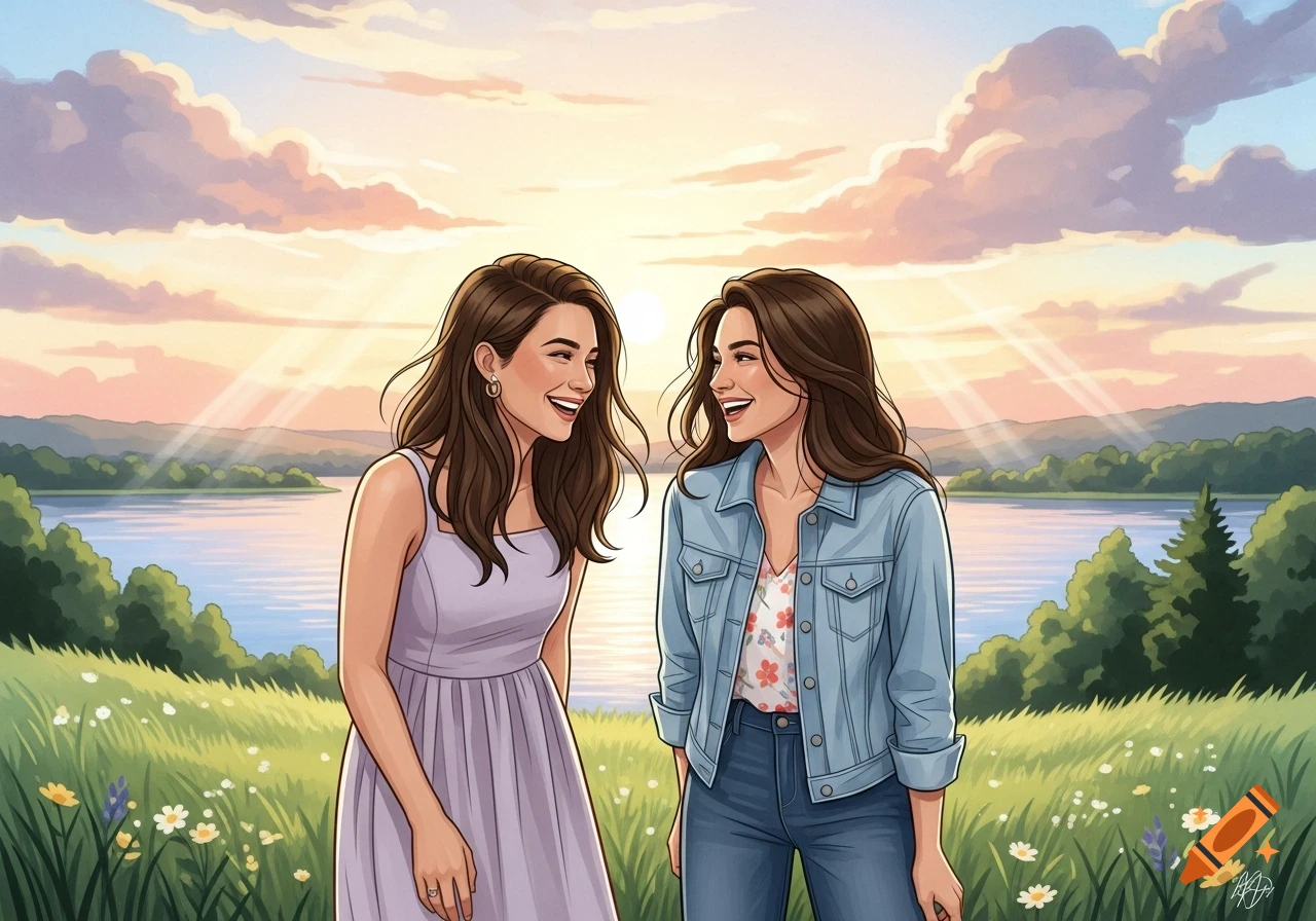 Two smiling women in a grassy field with wildflowers, a lake, and sunset behind them, in an illustrated style.