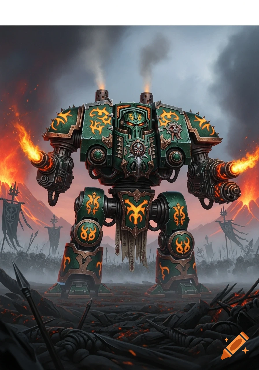 A massive green and gold Warhammer 40k dreadnought stands on a fiery battlefield, cannons blazing and smoke rising.