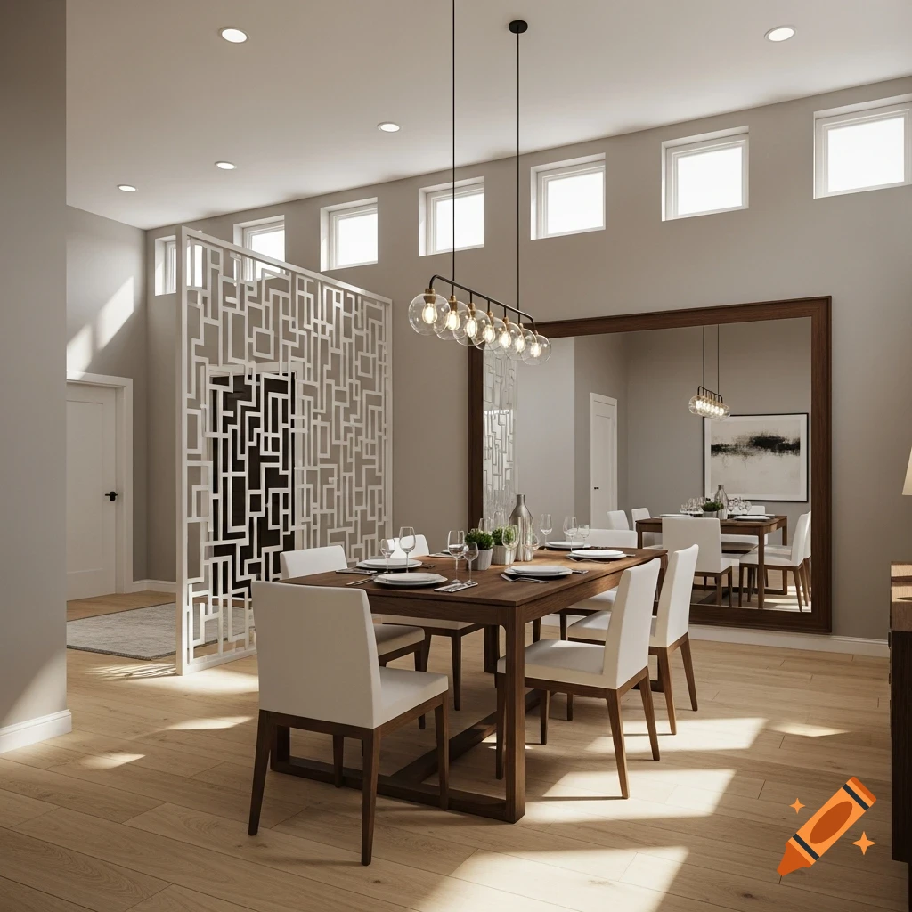 A modern dining room with a long wooden table, white chairs, a patterned room divider, and a large mirror reflecting the space.