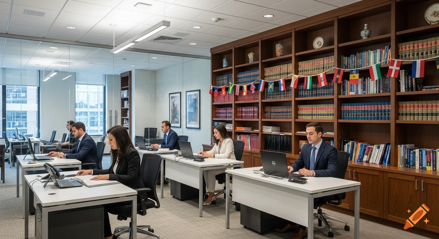 Lawyers work on laptops in a modern office with large wooden bookshelves filled with law books and international flags.