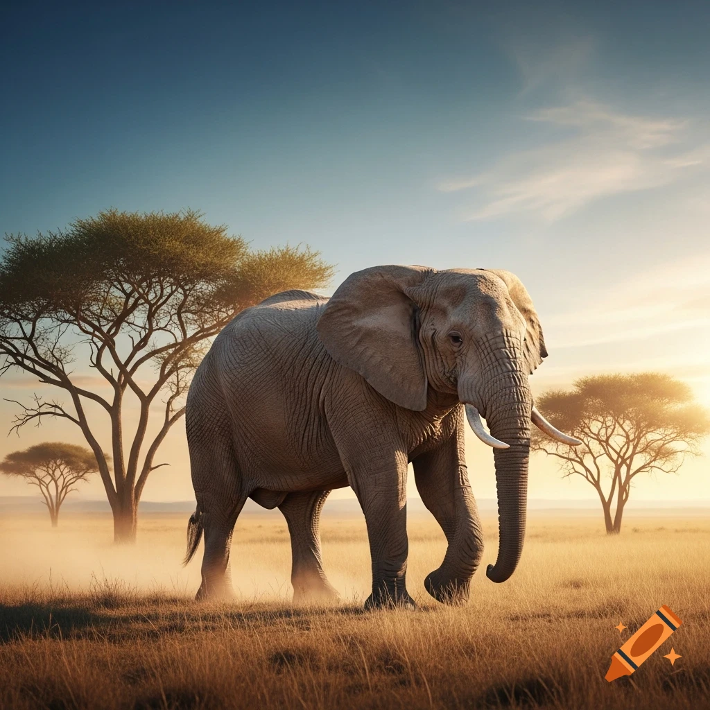 Photorealistic elephant walking through a dusty savanna with acacia trees at sunset.
