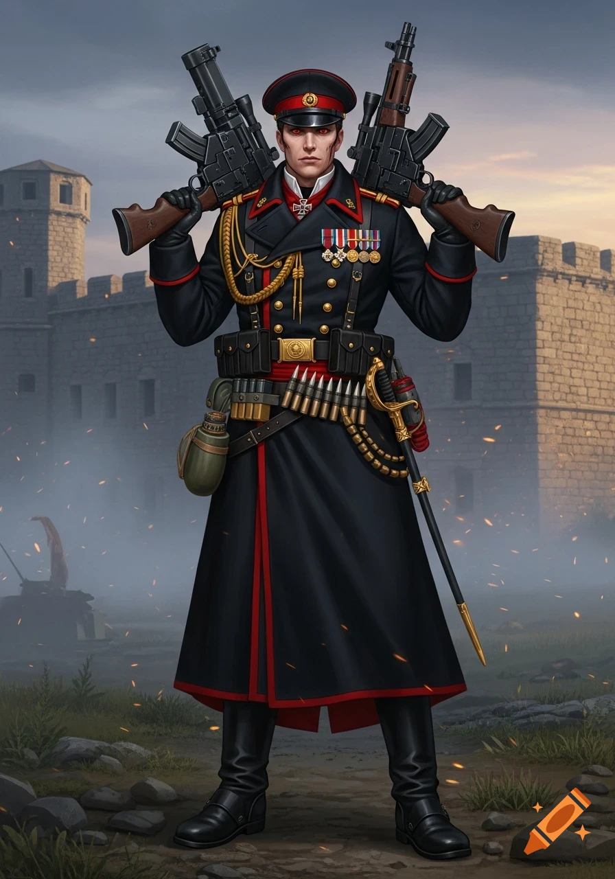 A male commander in a black greatcoat with red piping and medals holds two rifles over his shoulders, standing before a castle.
