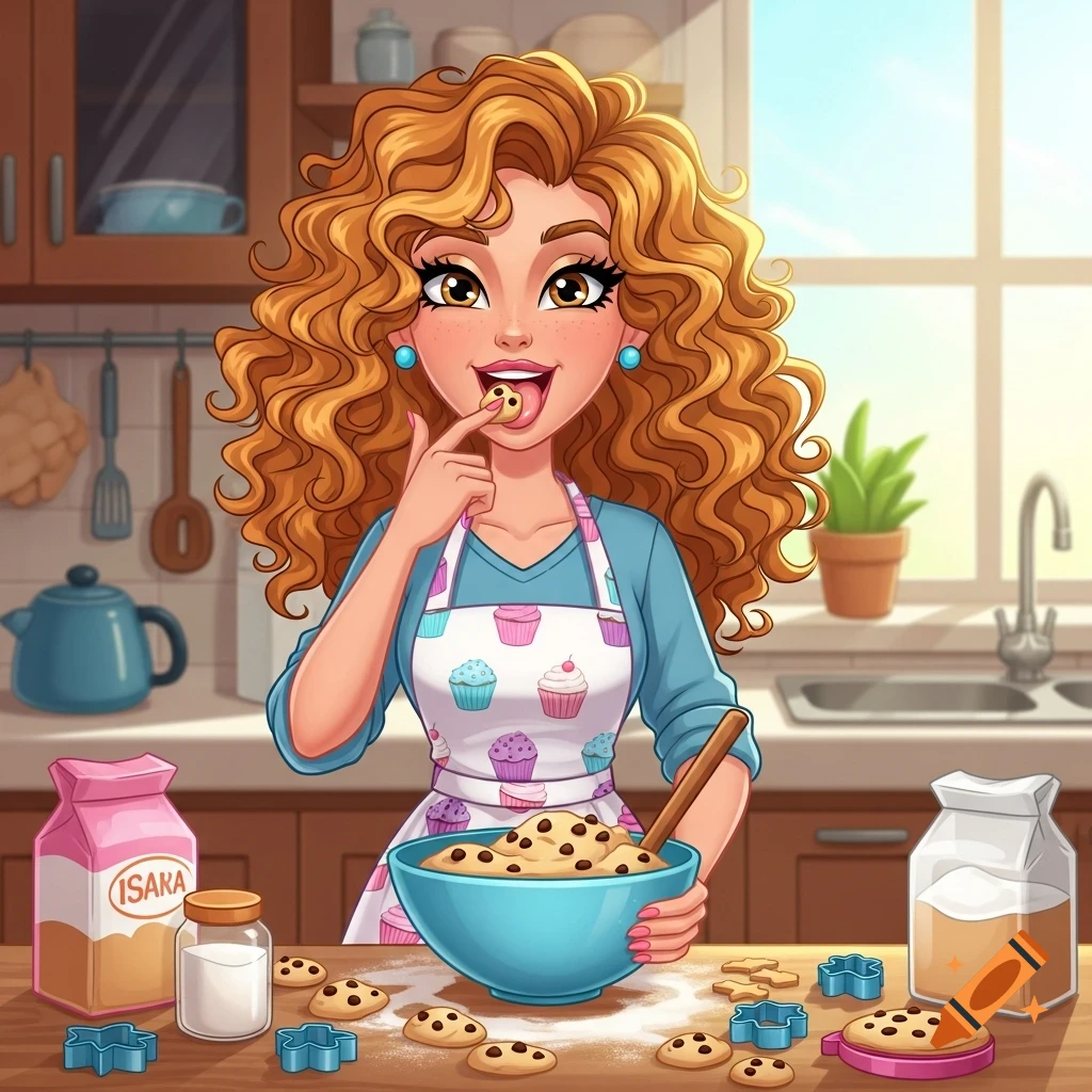 A cartoon lady with curly blonde hair tastes cookie dough in a kitchen with baking ingredients on the counter.