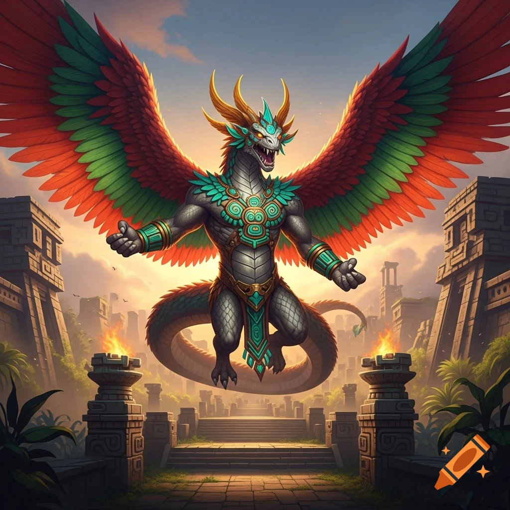 A majestic, winged serpent titan with green and red feathered wings and turquoise Aztec patterns hovers above ancient stone temples at sunset in a fantasy art style.
