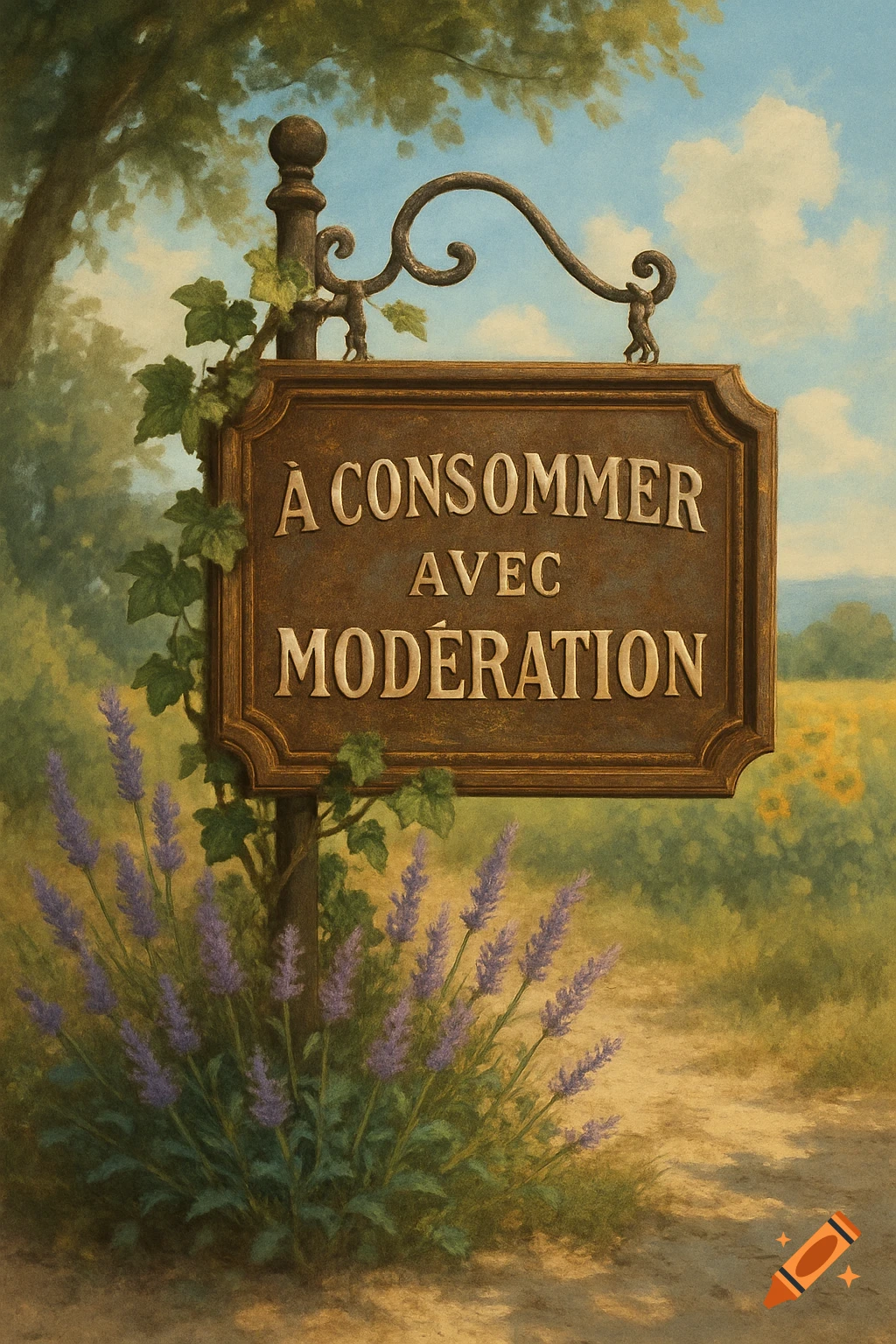 Rustic painting of a wooden sign with 'À CONSOMMER AVEC MODÉRATION' amidst lavender and a country path.