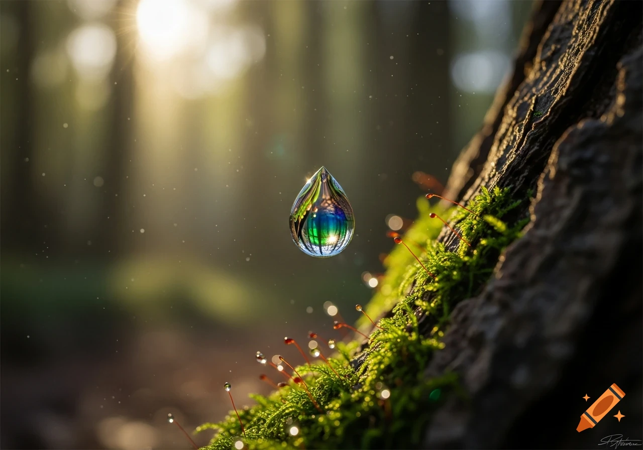 A large, iridescent water droplet floats above mossy earth, reflecting a green forest, with sunlight filtering through blurred trees.