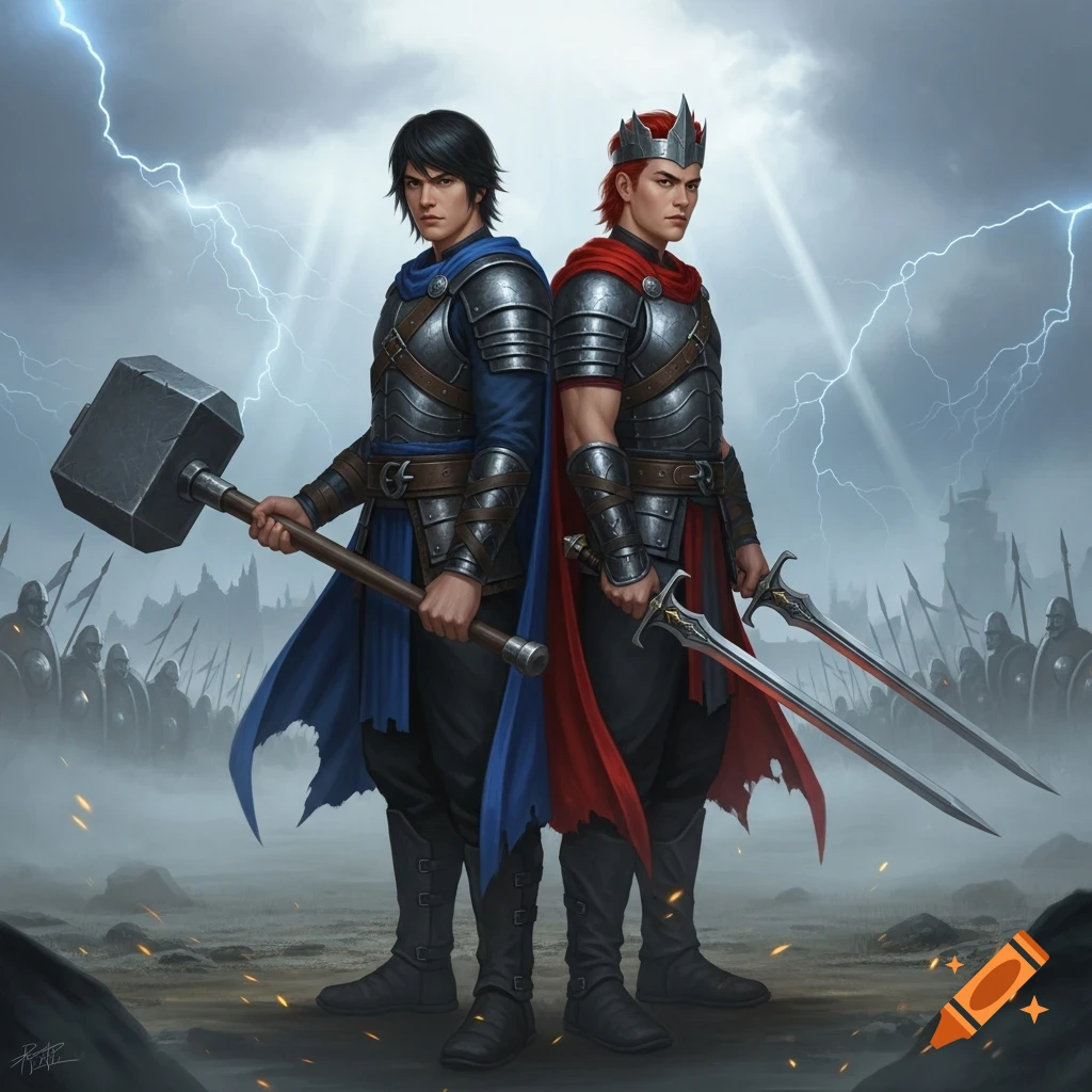 Two armored warrior brothers, one with a maul and one with swords, stand back to back under a stormy sky with an army in the background.