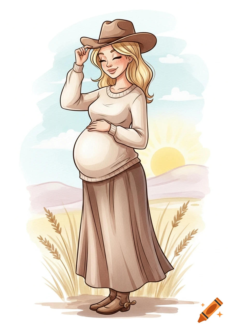 A cartoon watercolor illustration of a smiling pregnant woman in a cowboy hat, beige sweater, and brown skirt, gently holding her belly in a field with a sunset.