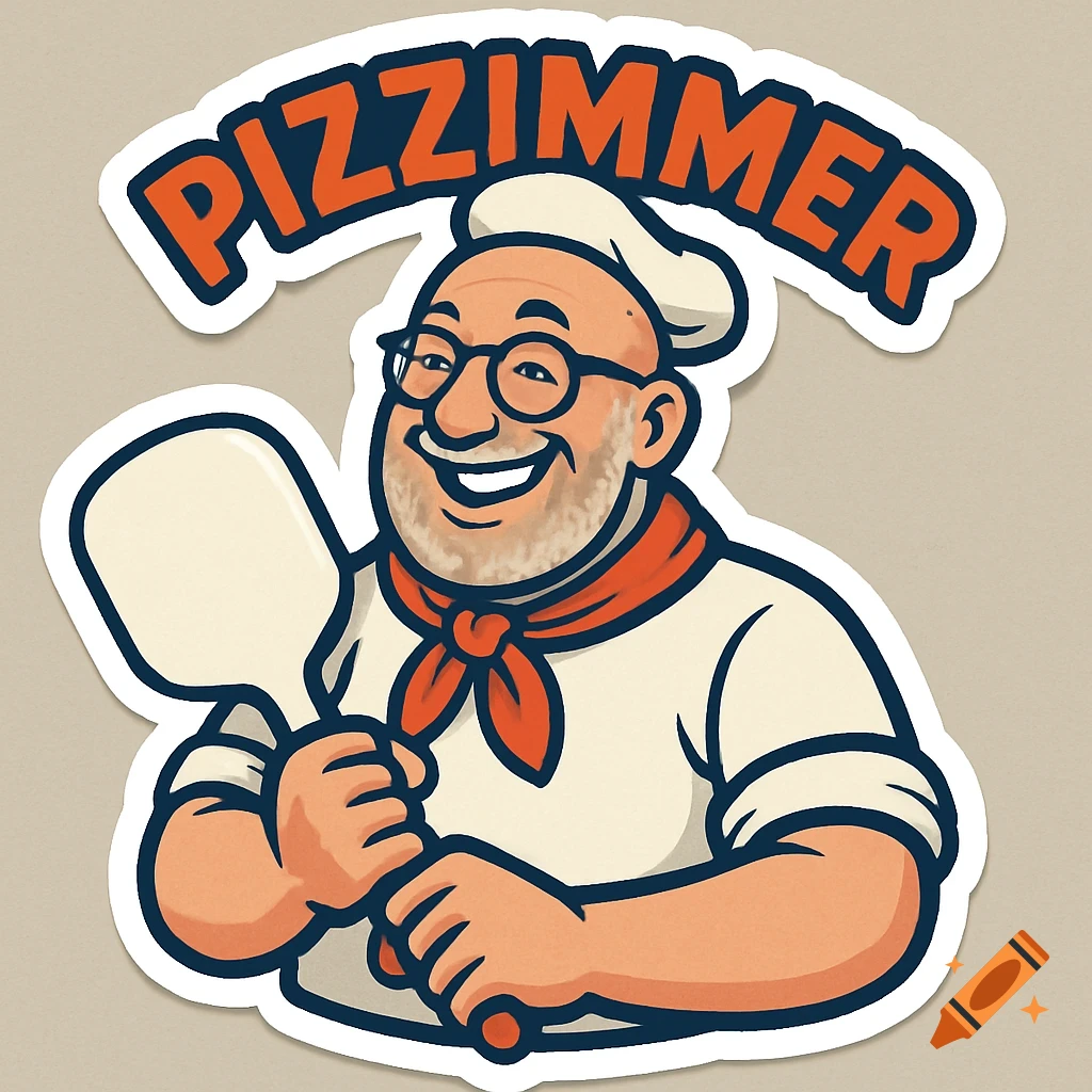 Cartoon sticker of a cheerful bald pizzaiolo with glasses and a beard, holding a pizza peel, with 'PIZZIMMER' text.