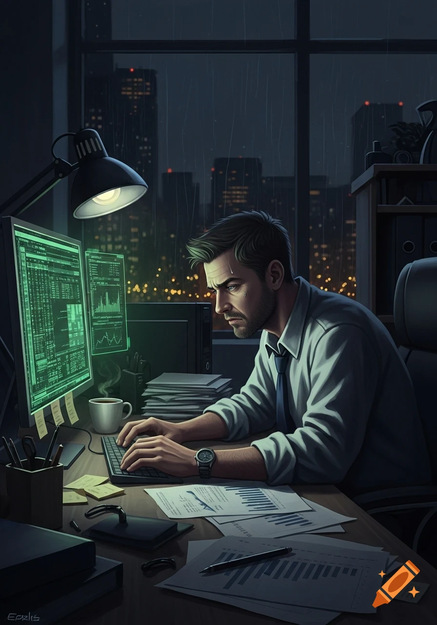A stressed man with a beard and a tie works intensely on two green-screen monitors in a dimly lit office during a rainy night, surrounded by papers.