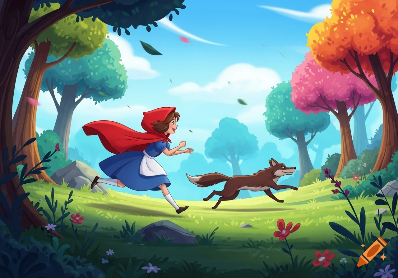Little Red Riding Hood runs through a vibrant fairy-tale forest, a stylized friendly wolf chasing her in 2D animated cartoon style.