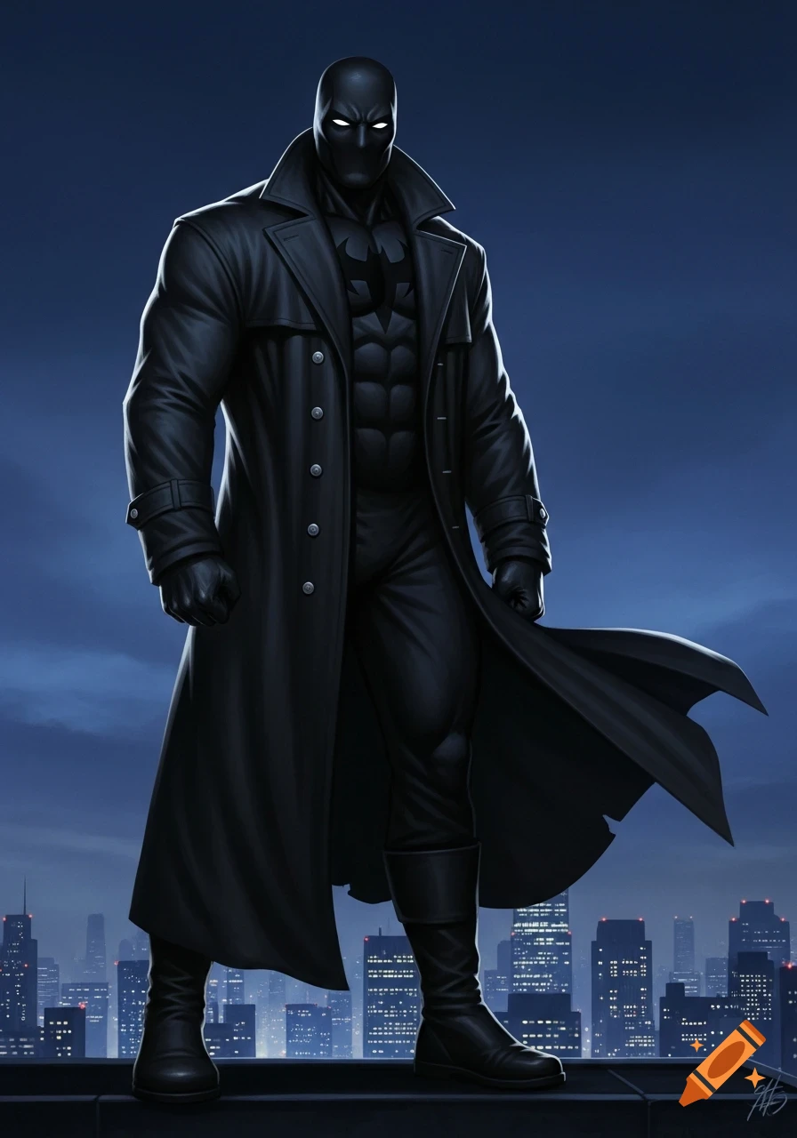 A muscular superhero in an all-black suit, full-face mask with white pupils, and a long trench coat stands overlooking a city at night.