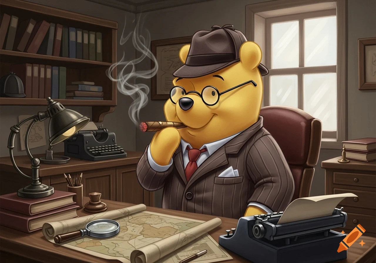 Winnie the Pooh as a private detective in a brown pinstripe suit and fedora, wearing reading glasses and smoking a cigar in a vintage office.