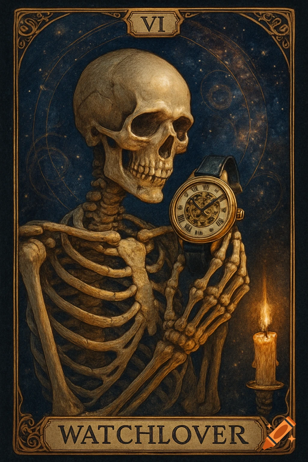 A dark fantasy tarot card depicts a skeleton holding a golden pocket watch against a starry blue background, with a lit candle.