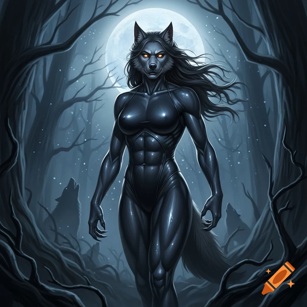 A muscular female werewolf with glowing eyes stands in a dark, moonlit forest, wearing a sleek black catsuit.