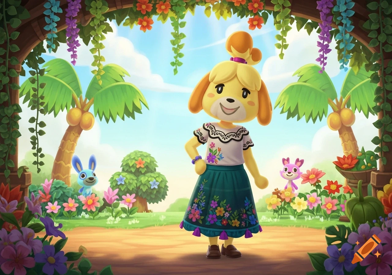 Isabelle from Animal Crossing smiles in a floral blouse and teal skirt in a vibrant tropical garden with other cartoon animals.