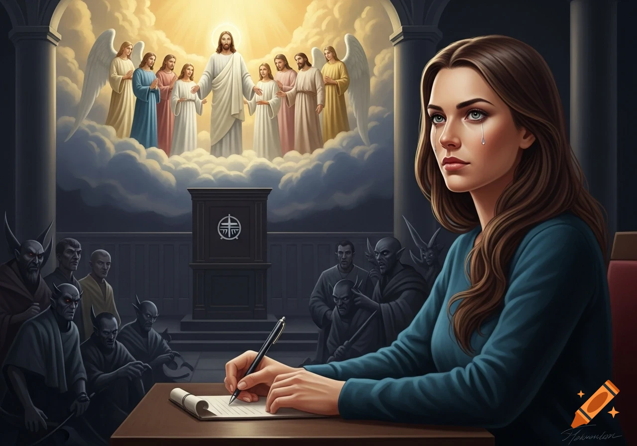 A crying woman writes at a table, while above her, Jesus and angels stand on clouds, and below, demons watch intently.