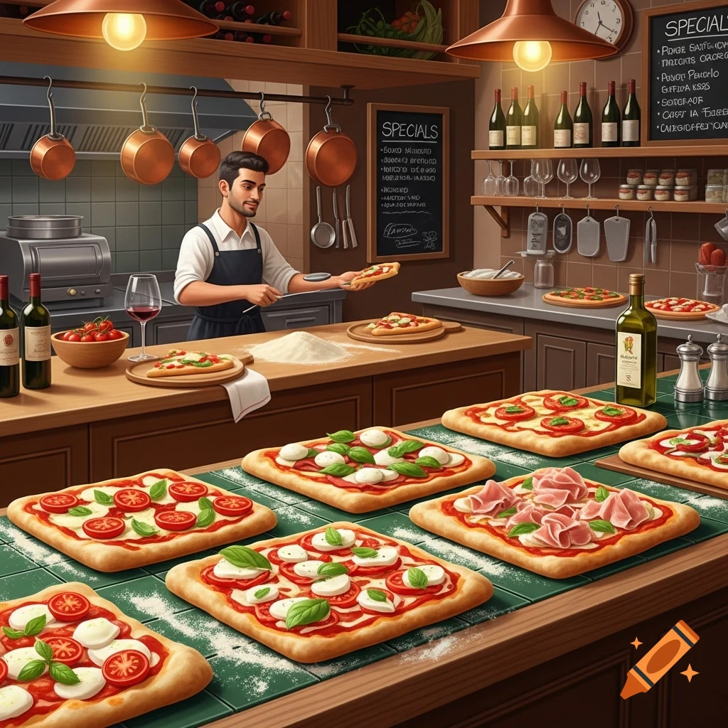 A chef prepares a small pizza behind a counter laden with many square pizzas in a well-lit Italian restaurant.