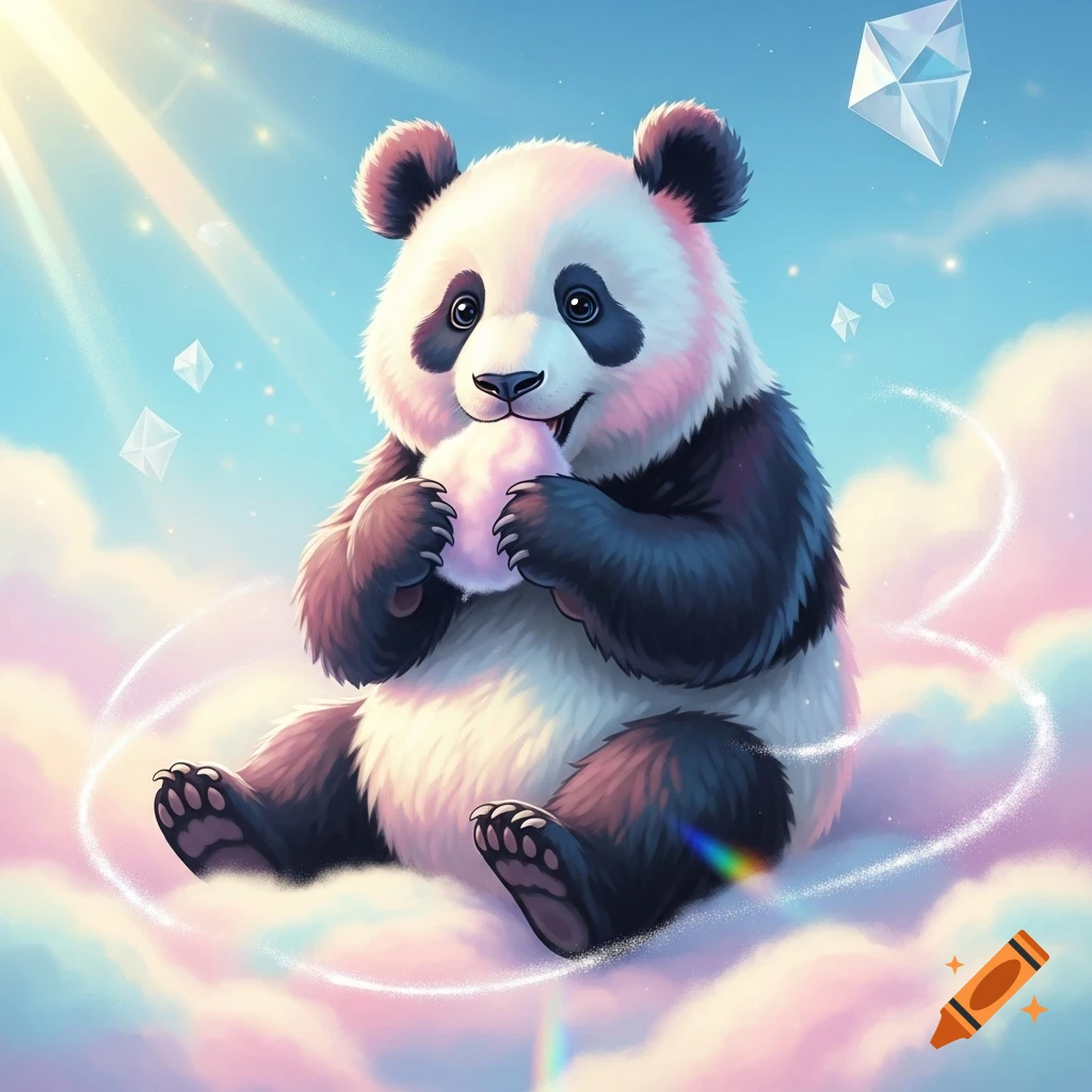A cute, fluffy panda with pink cheeks sits on pastel clouds, eating cotton candy in a sunny, sparkling sky, cartoon style.