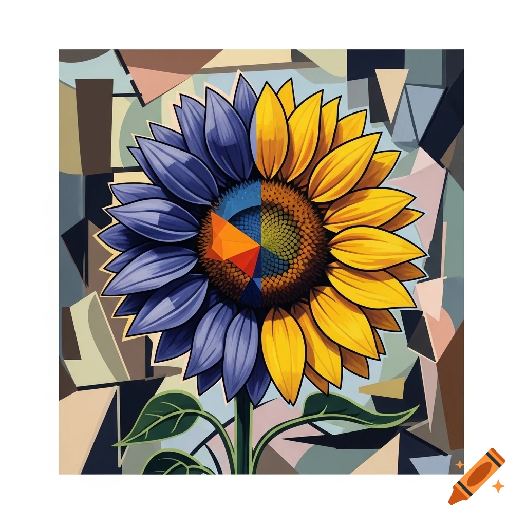 Cubist abstract sunflower with blue and yellow petals and a geometric center on an abstract background.