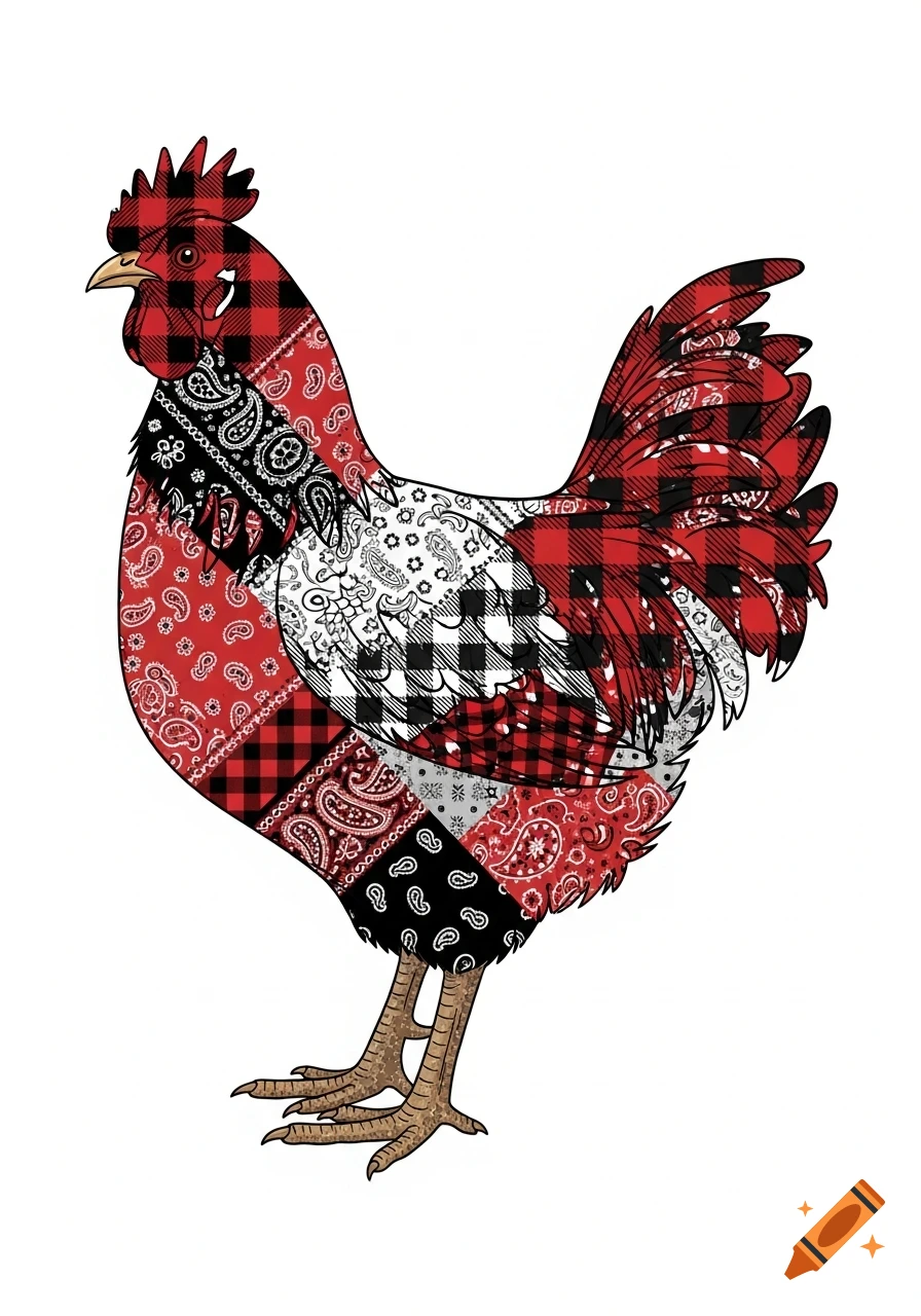 A stylized rooster with feathers patterned in red, black, and white buffalo plaid, paisley, and bandana prints, on a white background in folk-art style.