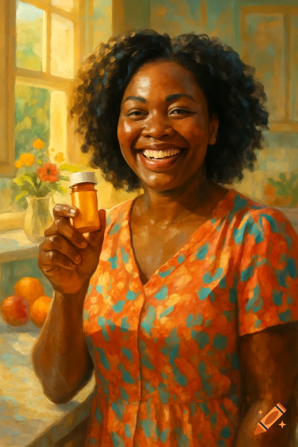 Smiling Black woman holding a pill bottle in a bright kitchen, in an oil painting style.