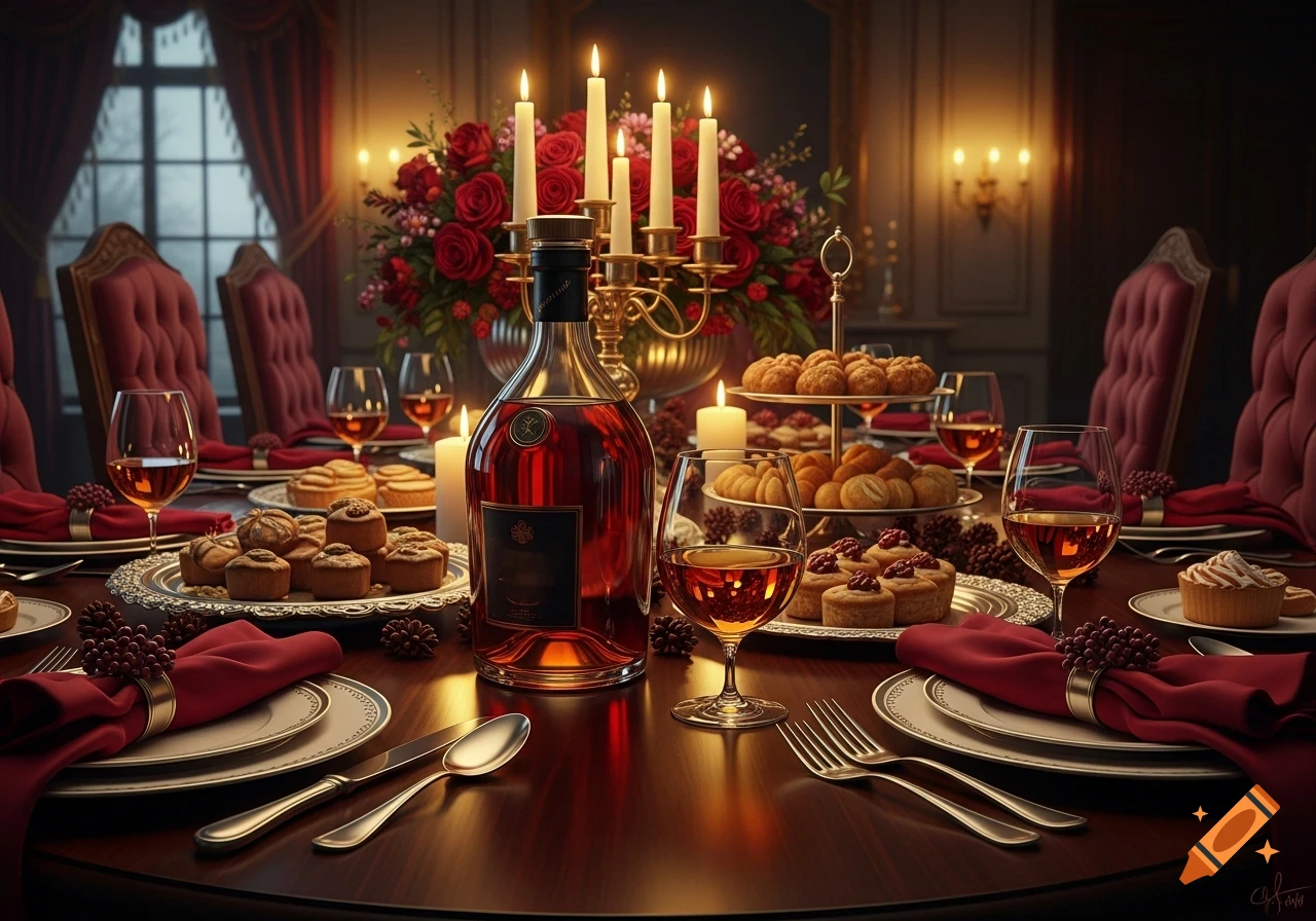 A lavishly set dinner table featuring a bottle of cognac, glasses, lit candles, red roses, and various pastries, bathed in warm light.