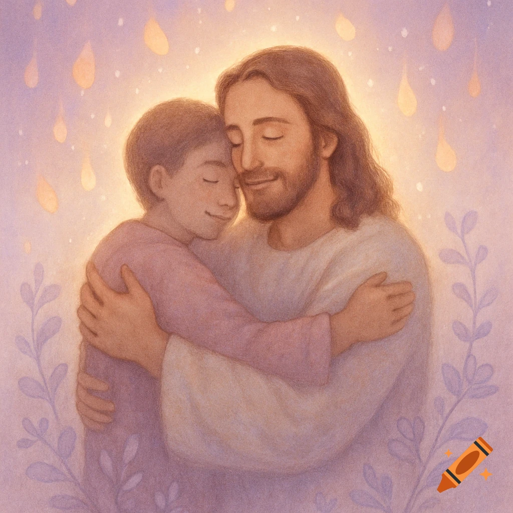 Jesus, with long hair and a beard, tenderly embraces a young child in a warm, glowing painterly illustration.