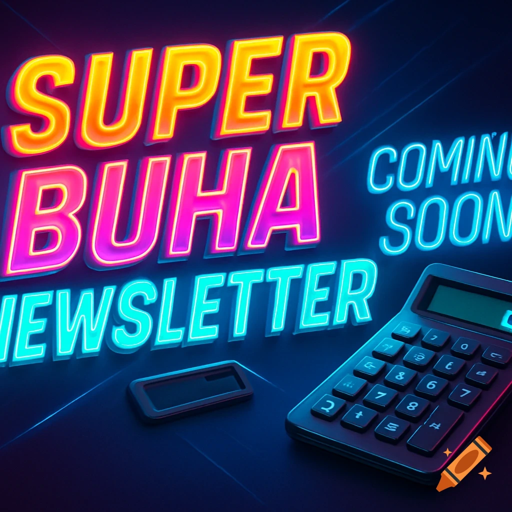 Neon sign banner with 'SUPER BUHA NEWSLETTER' and 'COMING SOON' text, alongside a calculator on a dark surface.