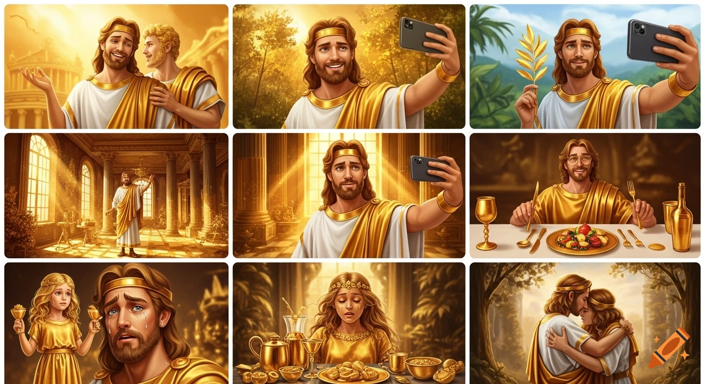 Six golden-toned digital art panels depicting the story of King Midas, showing his wish granted, selfies, the golden touch on his palace and food, his sadness over his golden daughter, and his reconciliation with Bacchus.