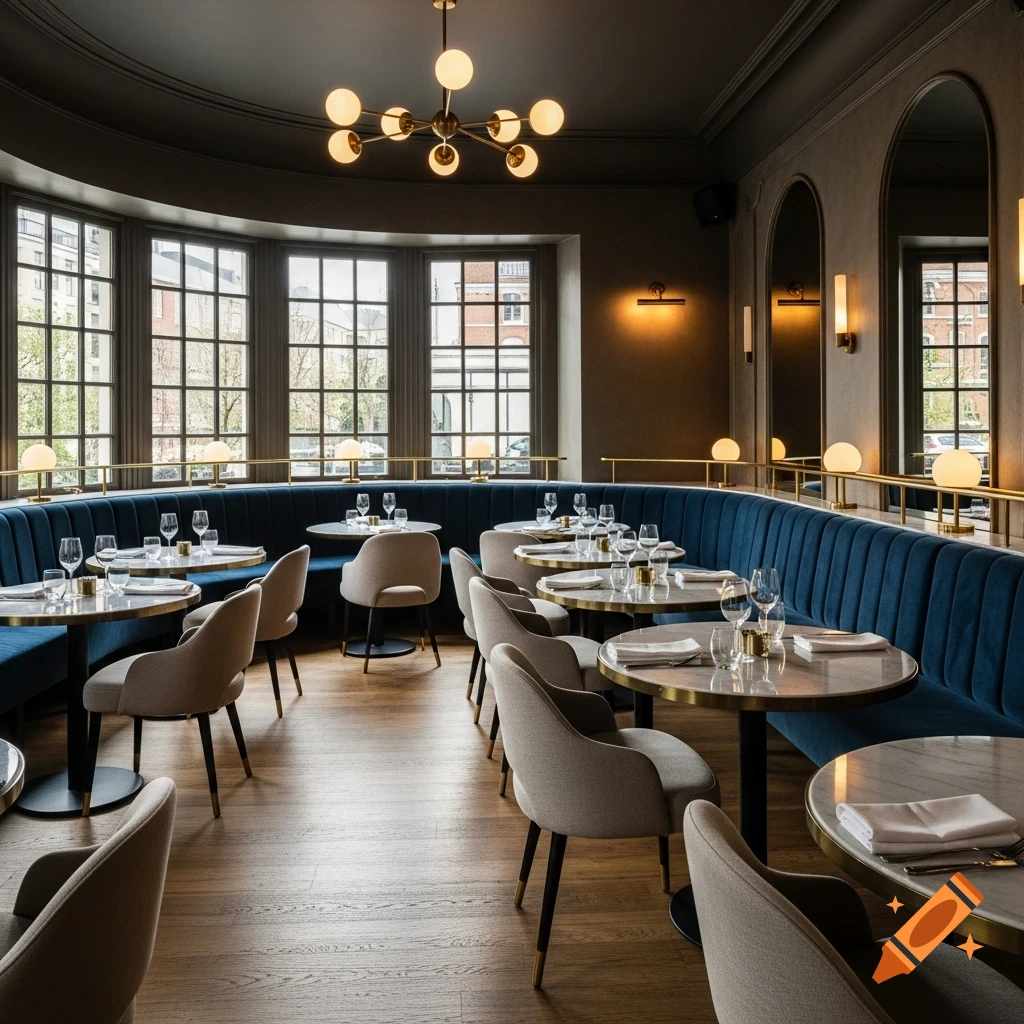 Elegant Art Deco restaurant interior with a blue velvet banquette, round marble tables, gold chandelier, and bay windows.