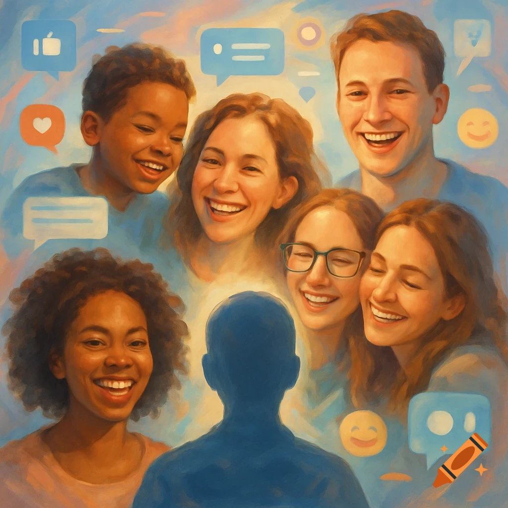 A painterly illustration of a diverse group of smiling people surrounded by social media icons like thumbs-up, hearts, and chat bubbles.