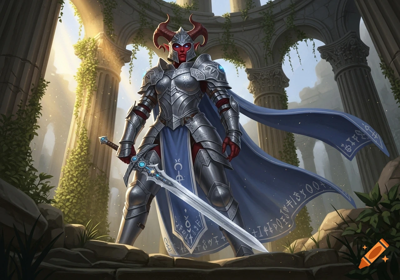 A red-skinned Tiefling paladin in shining silver armor and a blue cape, wielding a glowing sword, stands among ivy-covered ancient ruins.
