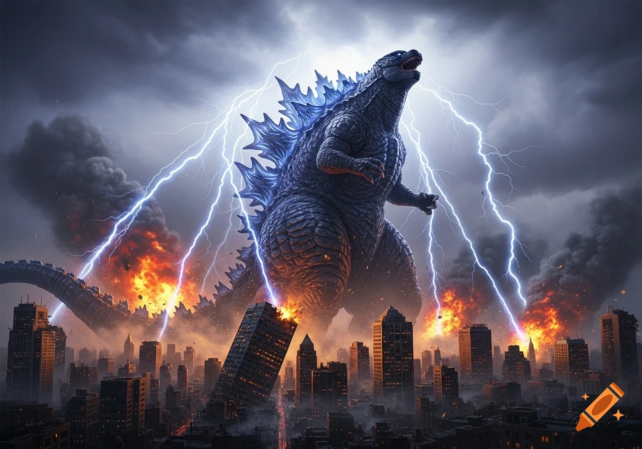 A giant Godzilla-like monster roars amidst a city under attack, surrounded by lightning and explosions under a stormy sky.