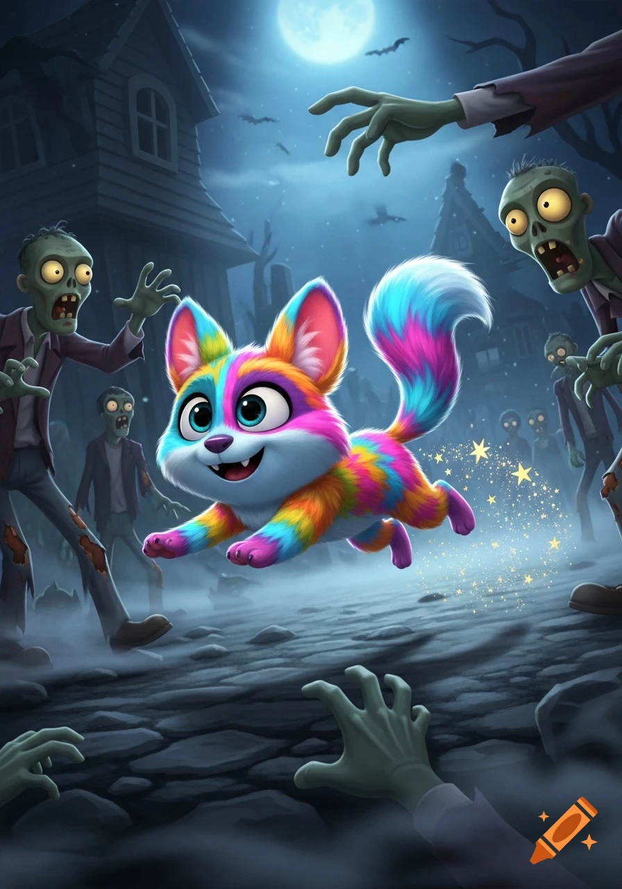 A cute, rainbow-colored creature with big eyes flies past cartoon zombies in a spooky animated night scene with a full moon and haunted houses.