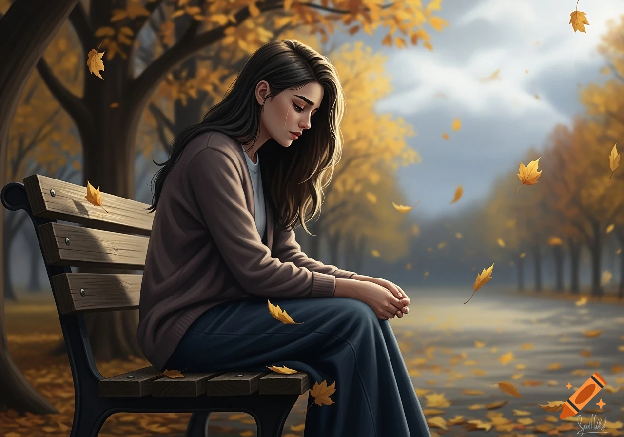 Illustrated sad young woman on a park bench with tears on her face, surrounded by falling autumn leaves.