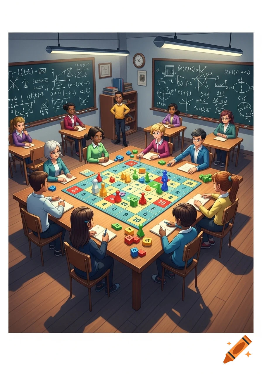 Students of diverse backgrounds play a colorful board game on a large wooden table in a math classroom with blackboards.
