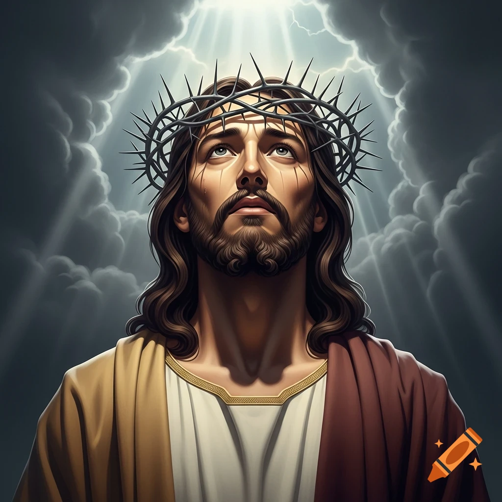 Jesus Christ wearing a crown of thorns, looking upwards towards a bright light breaking through dark, stormy clouds.