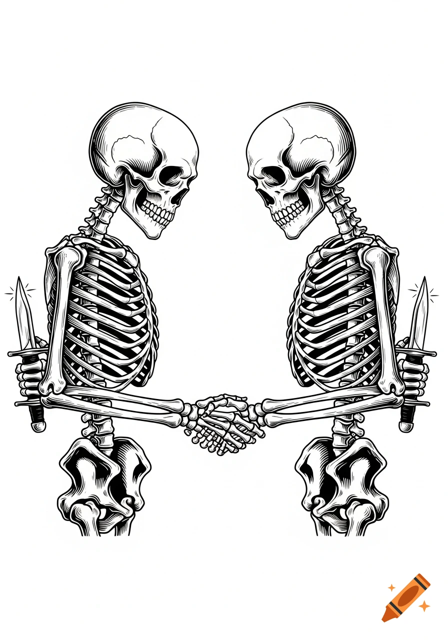 Two stylized skeletons shaking hands while hiding knives behind their backs, in a black and white vintage vector illustration.