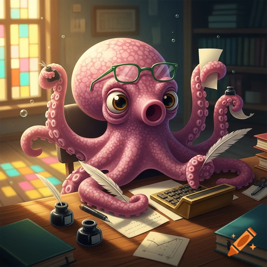 A cute pink cartoon octopus wearing green glasses sits at a wooden desk ...