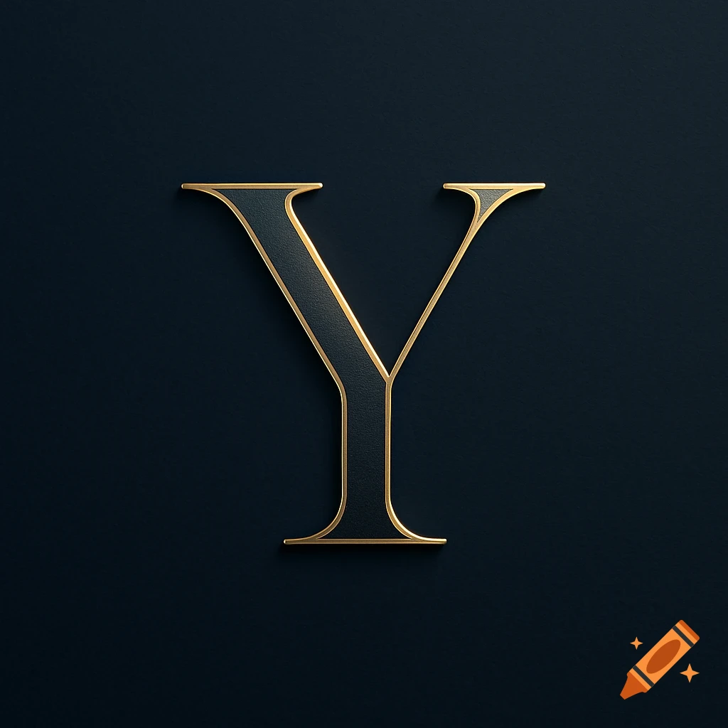 A stylized capital letter Y with a golden outline and dark textured fill on a black background.